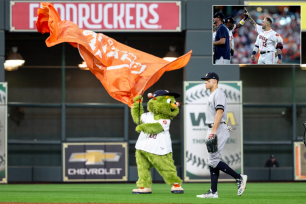 Left: Aaron Judge walks off the field after the Yankees' lost Game 7 of the ALCS. Right: Astros pinch hitter J.J. Matijevic (13) is congratulated by Astros manager Dusty Baker Jr. (12) after hitting a walk-off single against the Yankees at Minute Maid Park on Thursday.