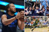 Jalen Brunson of the Dallas Mavericks takes a shot during a workout; he previously won titles at Villanova (top right) and Adlai Stevenson High School in Illinois (bottom right).