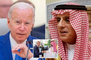 Left: President Joe Biden. Right: Saudi Arabia's Minister of State for Foreign Affairs Adel al-Jubeir. Inset: Saudi Crown Prince Mohammed bin Salman fist bumps U.S. President Joe Biden upon his arrival at Al Salman Palace, in Jeddah, Saudi Arabia, July 15, 2022.