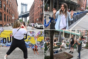 Left: A woman takes a photo of a friend posing in front of the Manhattan Bridge on Washington Street. Right: A Sweetgreen worker demands tourists to leave its dining area for not buying food.