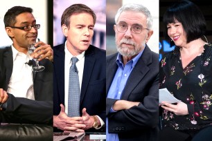 A comp of New York Times columnists, Farhad Manjoo, Bret Stephens, Paul Krugman and Michelle Goldberg.