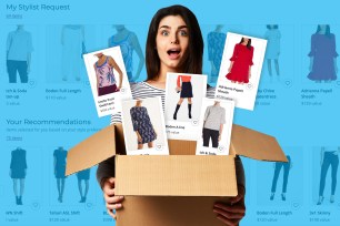 A woman with an opened box that has images of clothes popping out.