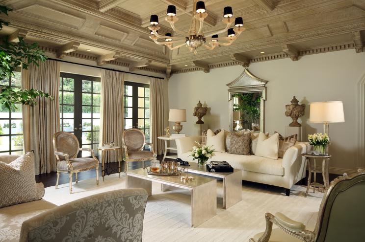 The formal living room with coffered ceilings.