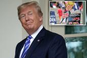 WASHINGTON, DC - JULY 31: U.S. President Donald Trump looks back at journalists after welcoming Mongolian President Battulga Khaltmaa to the White House July 31, 2019 in Washington, DC. Khaltmaa, who traveled to the White House to seek trade and military deals with the United States, also symbolically gifted a horse to Trump's son, Barron. Trump said the horse will be named "Victory."