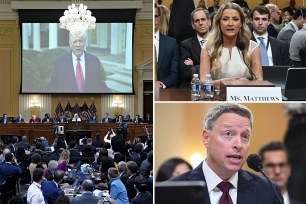 Matt Pottinger, former deputy national security adviser, and Sarah Matthews, former White House deputy press secretary, sit before the start of the House select committee