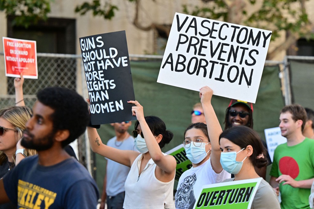 Abortion rights activists argue "Vasectomy Prevents Abortion" during a protest in downtown Los Angeles, on June 24, 2022.