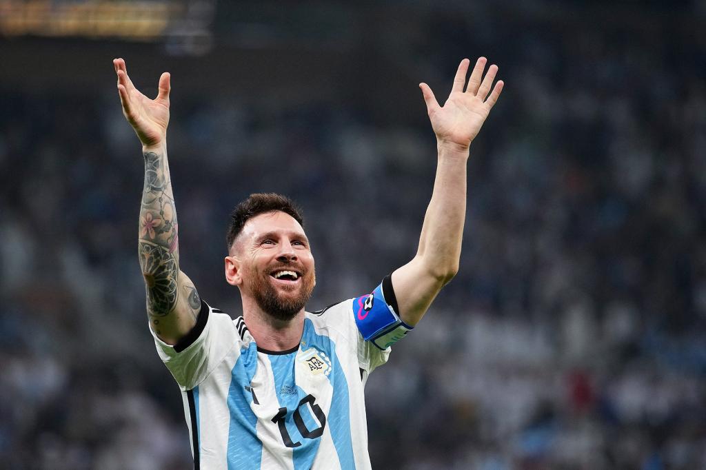 Lionel Messi celebrates after Argentina wins the World Cup over France on Dec. 18, 2022.