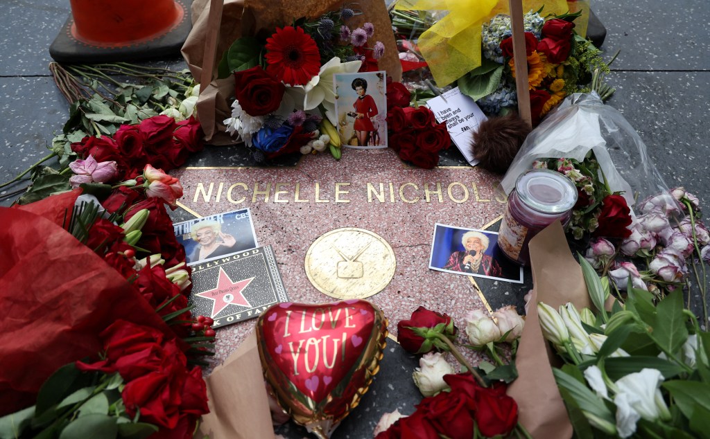The star on the Hollywood Walk of Fame for late actor Nichelle Nichols is adorned with flowers in Los Angeles, California.