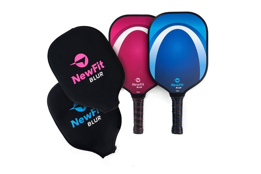A set of a pink and a blue pickleball paddle and covers 