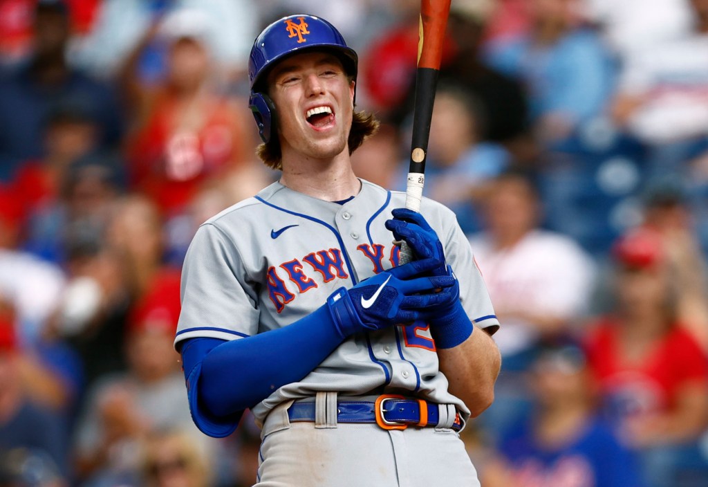 Brett Baty reacts after striking out during a recent game against the Phillies. 