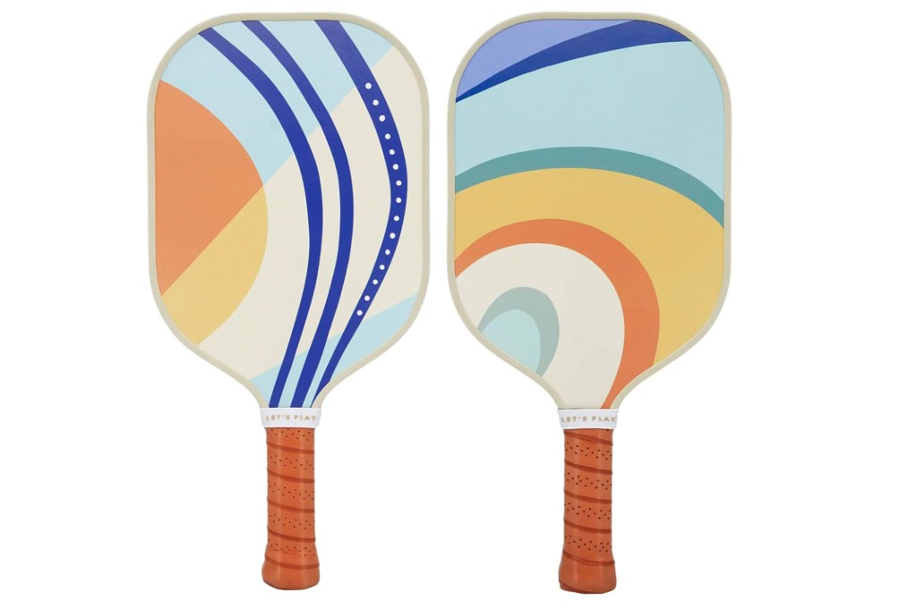 Two patterned pickleball paddles 