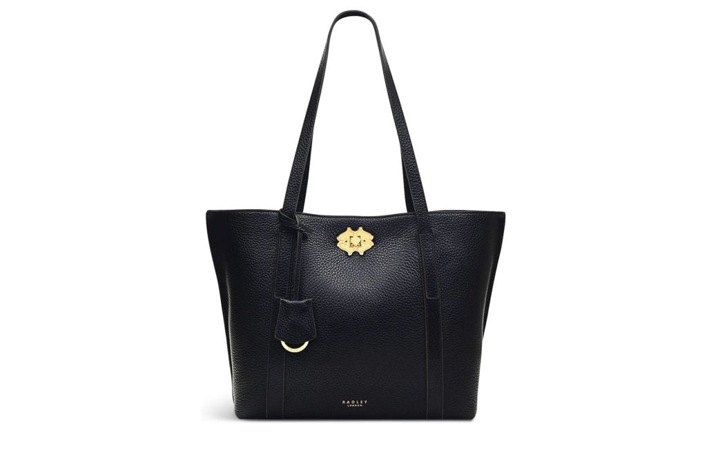 Leather tote with gold hardware.