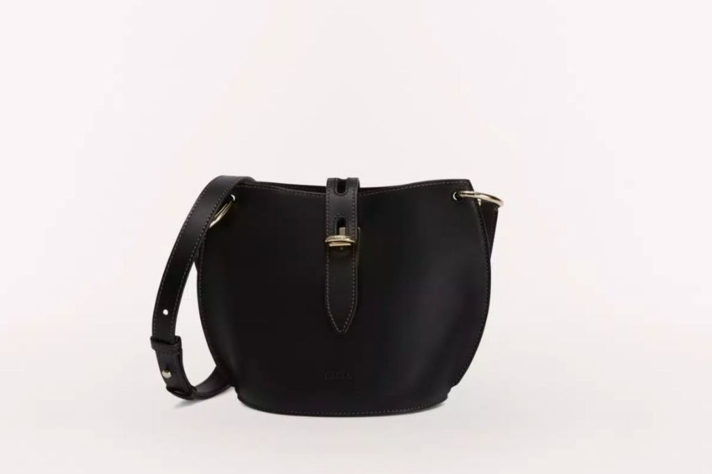 Black bucket bag with strap.