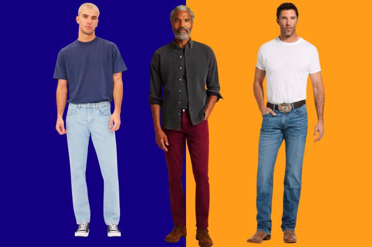 Three men in different jeans on two colored background.