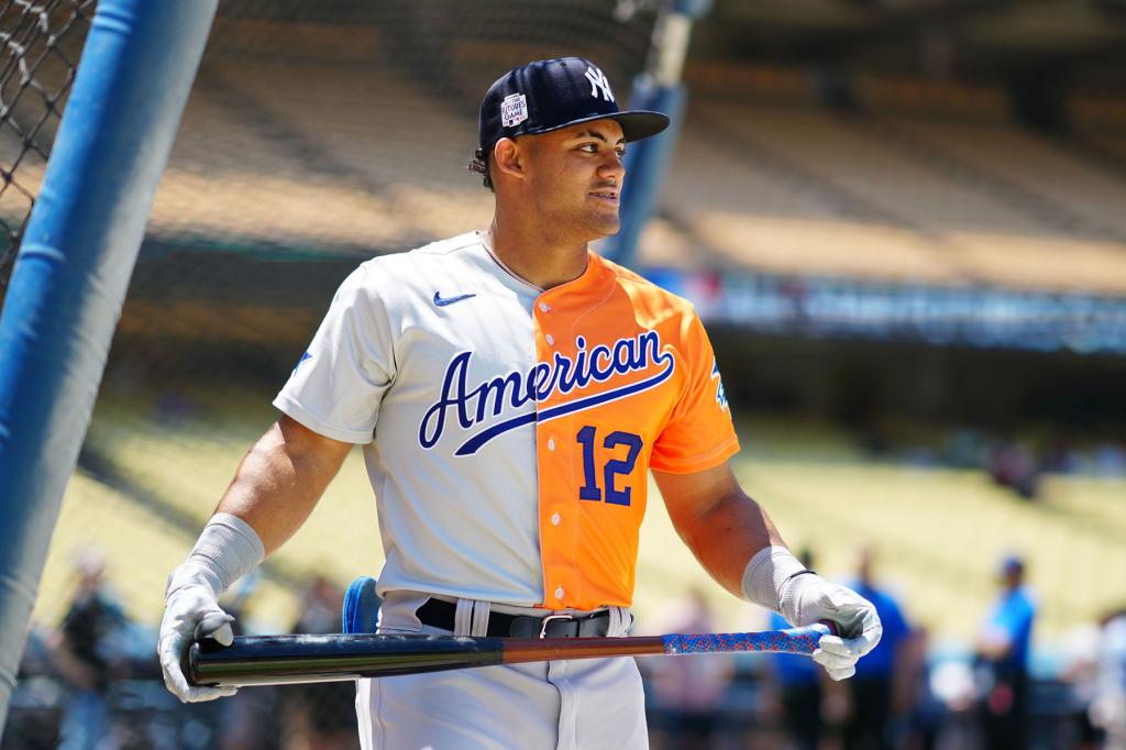 Jasson Dominguez #12 of the New York Yankees looks on during batting practice prior to the 2022 SiriusXM All-Star Futures Game at Dodger Stadium on Saturday, July 16, 2022 in Los Angeles, California.