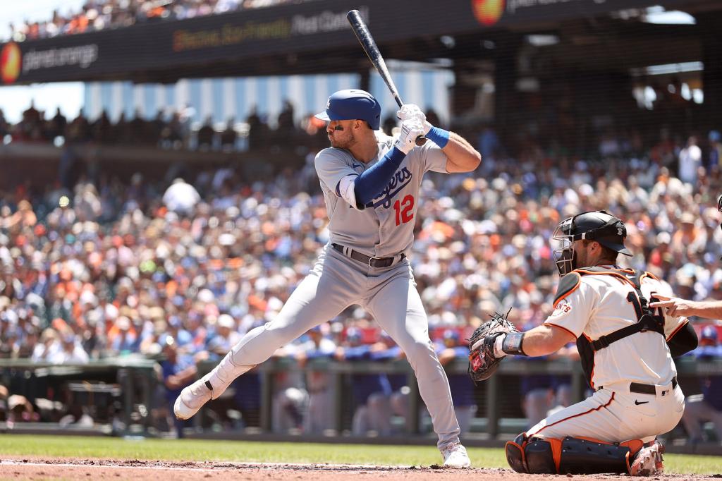 Joey Gallo #12 of the Los Angeles Dodgers takes his first at-bat as a Dodger in the second inning against the San Francisco Giants at Oracle Park on August 04, 2022 in San Francisco, California.
