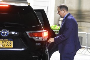 Manhattan Borough President Mark Levine gets into a Highlander Limited with a driver, plate no. City of NY BC 7338, after work at the Municipal Building at 1 Centre St.