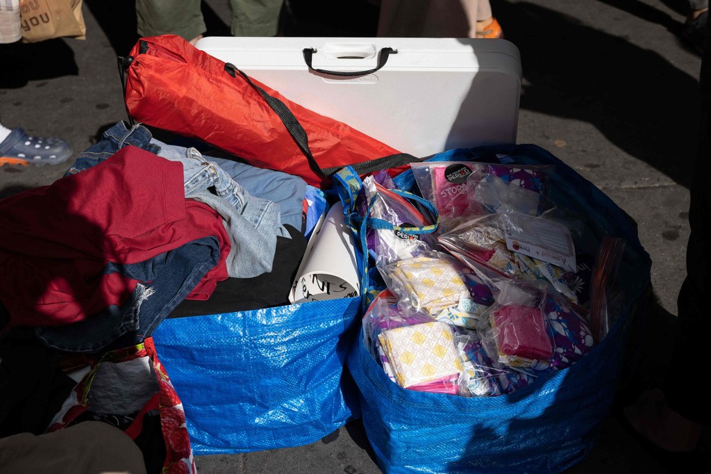 Bags of humanitarian supplies are seen outside Port Authority Bus Terminal as migrants arrive in New York City. 