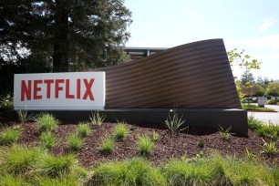 A sign is posted in front of Netflix headquarters on April 20, 2022 in Los Gatos, California.