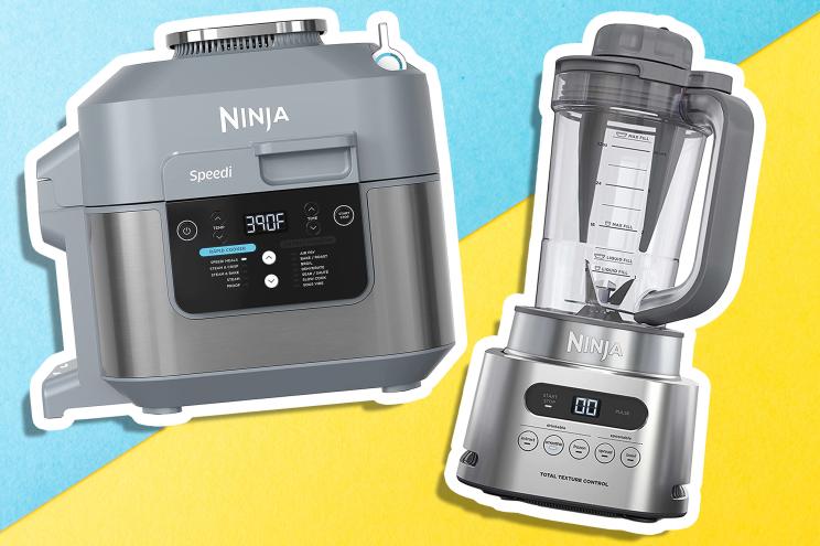 A blue and yellow divide with a Ninja blender and an air fryer on top