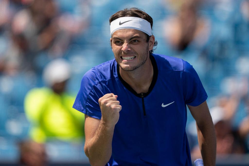 Taylor Fritz (USA) reacts to a point during his match against Andrey Rublev (RUS) at the Western & Southern Open.