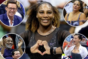 Serena Williams surrounded by celebrity fans.