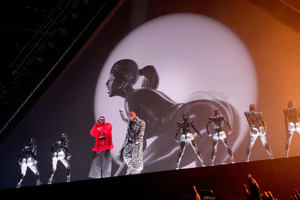 Ryan Castro and J Balvin perform onstage at the 2022 MTV VMAs at Prudential Center on August 28, 2022 in Newark, New Jersey.