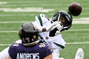 Sauce Gardner breaks up a pass intended for Mark Andrews.