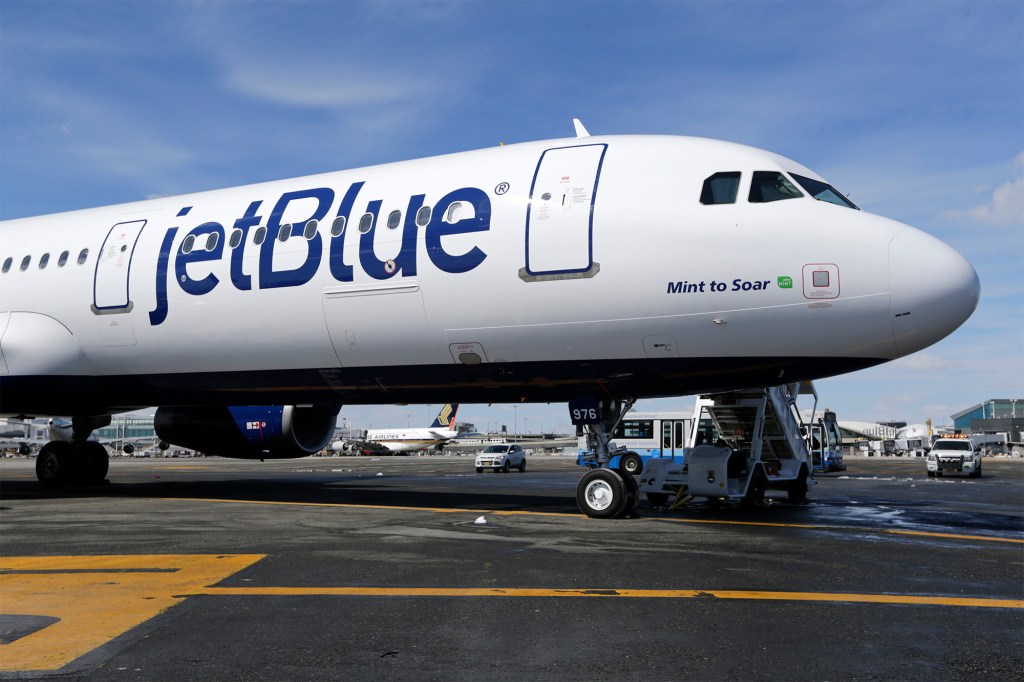 A JetBlue airplane is shown at John F. Kennedy International Airport in New York, March 16, 2017.
