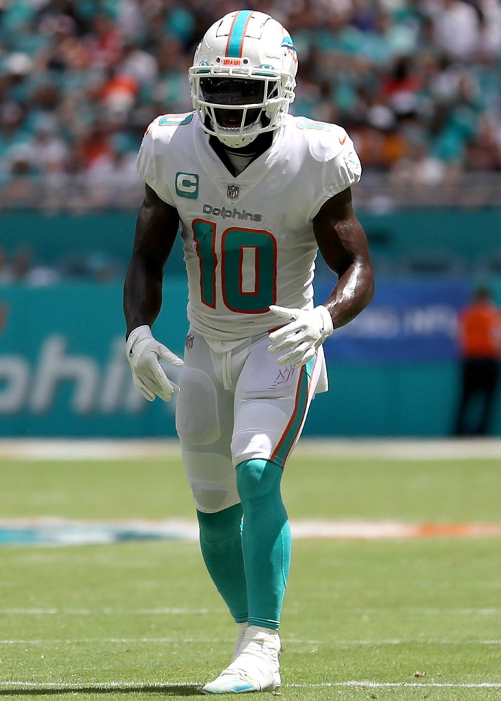 Tyreek Hill of the Miami Dolphins lines up against the New England Patriots during the first half at Hard Rock Stadium on September 11, 2022 in Miami Gardens, Florida.  