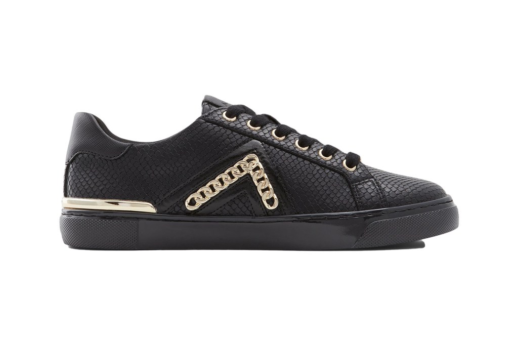 Black snakeskin leather sneakers with gold detailing