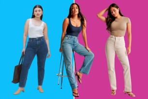 Three models in different styles of jeans on two toned background.