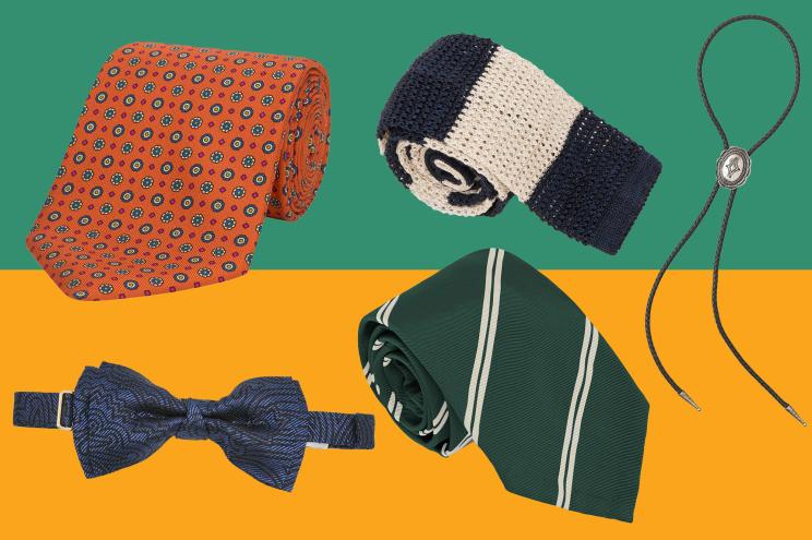 Men's ties in front of orange and green background. Ties include three regular neckties in orange, green, and navy striped patterns, as well as a navy bow tie and a leather bolo tie.