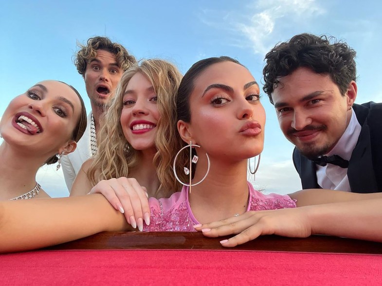 Armani army: Maude Apatow (from left), Chase Stokes, Sydney Sweeney, Camila Mendes and Gavin Leatherwood celebrate the brand by mugging for the lens.