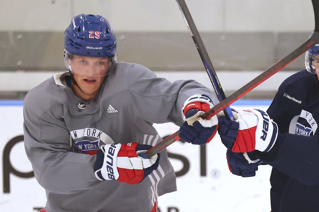 New York Rangers left wing Dryden Hunt (29) battles 