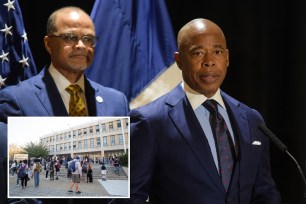 Mayor Eric Adams and Schools Chancellor David Banks stand side-by-side at a September press conference in The Bronx, welcoming students back for the start of the new school year