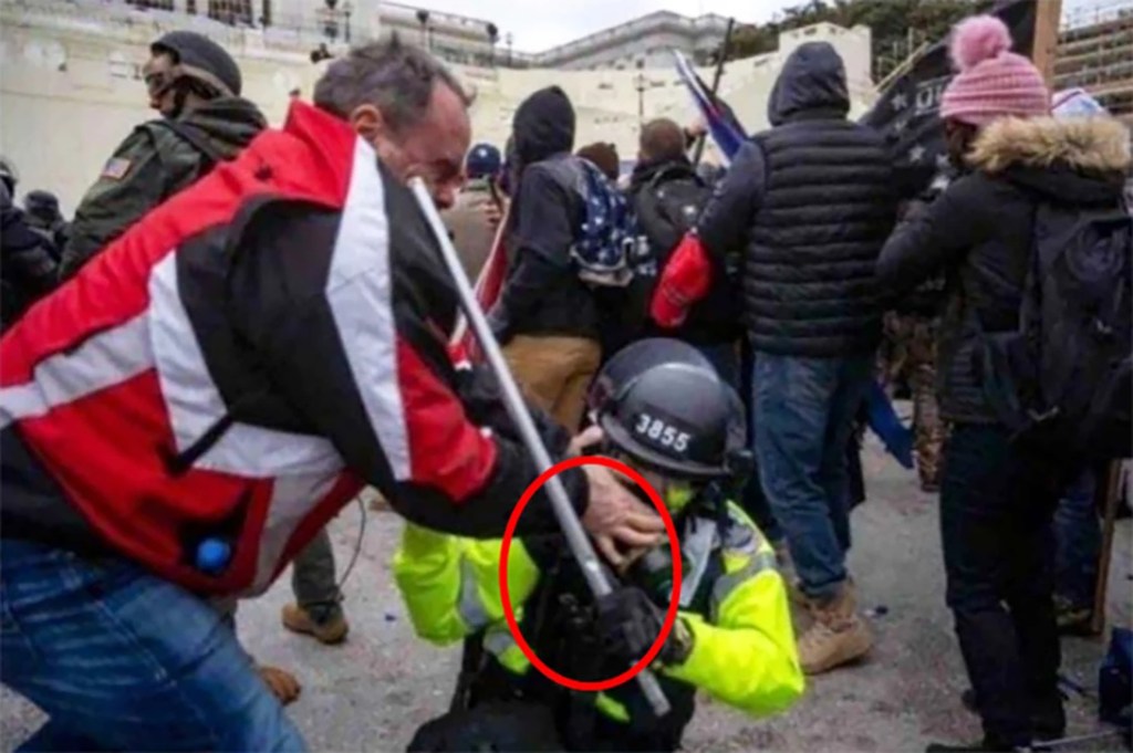 Thomas Webster attacking a police officer.