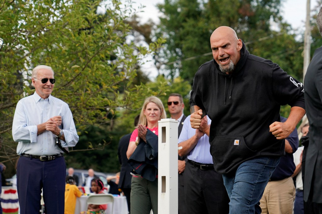 Fetterman alongside President Biden at a Labor Day event in early September. Like Biden, Fetterman often stumbles over his words and appears confused.