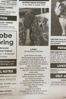 Geoff Shearman's obituary on a local newspaper.