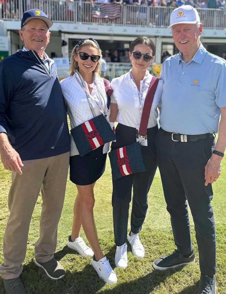 Former Presidents George W. Bush (far left) and Bill Clinton (far right) meet Nikki Guidish (second from left) and Maya Schauffele (second from right), the significant others of Patrick Cantlay and Xander Schauffele, respectively, at the 2022 Presidents Cup.
