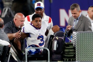 Sterling Shepard gets carted off the field after suffering a knee injury.