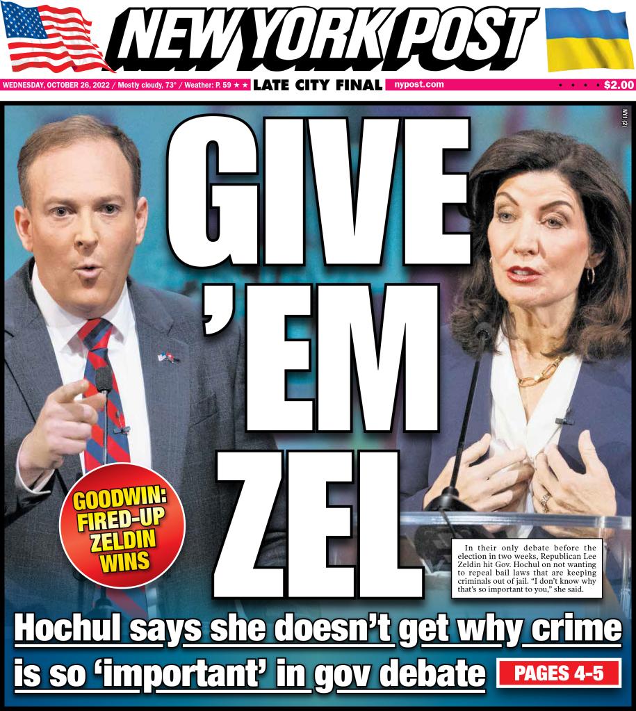 Front cover of the New York Post for Oct. 26, 2022.