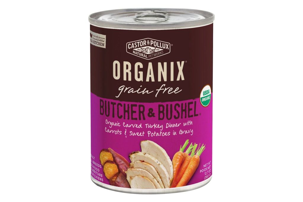 A can of organic dog food.