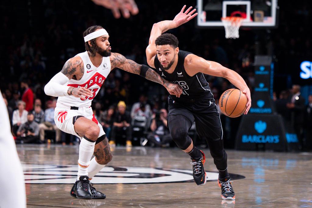 Brooklyn Nets guard Ben Simmons (10) drives against Toronto Raptors forward O.G. Anunoby (3) in the first half at Barclays Center, Friday, Oct. 21, 2022.