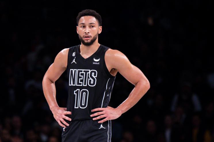 Brooklyn Nets guard Ben Simmons (10) looks on in the first half against the Toronto Raptors at Barclays Center, Friday, Oct. 21, 2022.