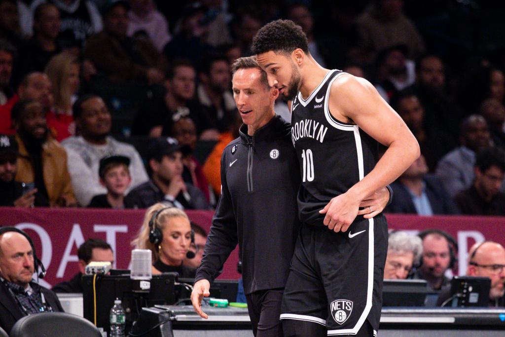 Brooklyn Nets head coach Steve Nash talks to Ben Simmons in the second half against the New Orleans Pelicans at Barclays Center, Wednesday, Oct. 19, 2022.