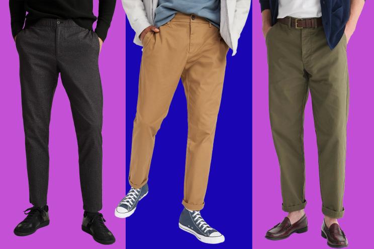 Men wearing chino pants in front of colorful background