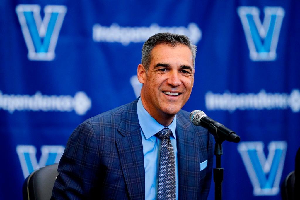 Jay Wright speaks at a news conference about his resignation as NCAA college basketball coach at Villanova.