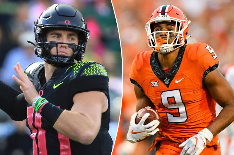 Oregon quarterback Jacob Nix drops back to pass and Oklahoma State wide receiver Bryson Green runs for a touchdown during NCAA football games on October 22, 2022.