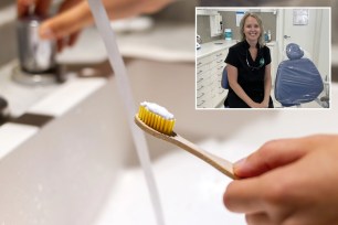 A picture of a dentist and someone using an eco friendly toothbrush.